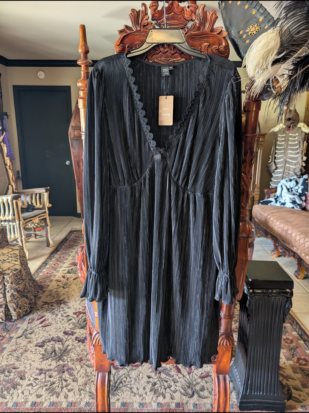SHEIN Gray Pleated Long Sleeve V-Neck Dress